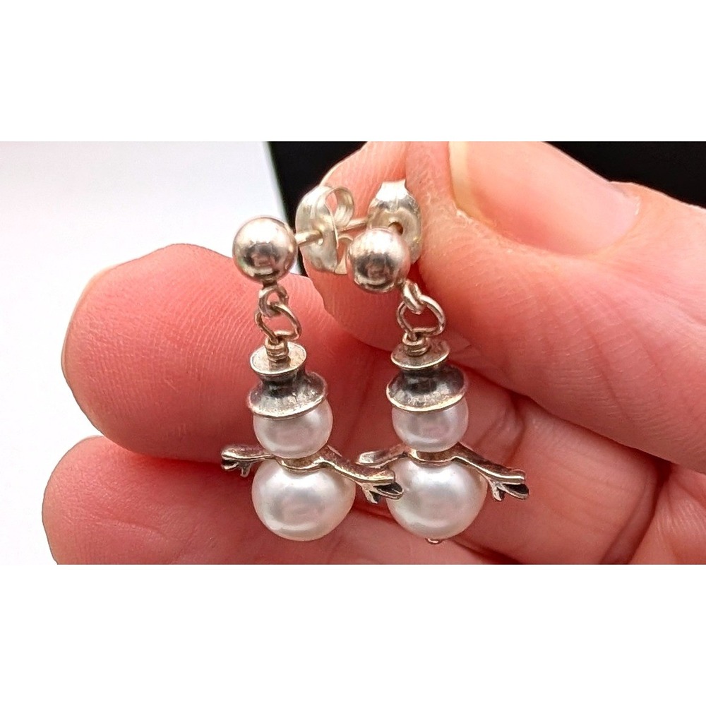 Sterling Silver Snowman Pearl Drop Earrings 925 Festive Holiday Winter Jewelry
